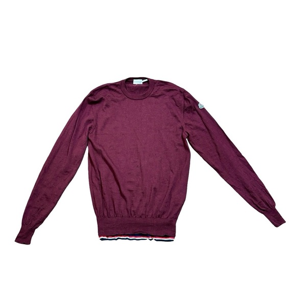 MONCLER Maglione Tricot Girocollo Logo Patch 100% Wool Jumper Sweater Burgundy - Picture 1 of 16